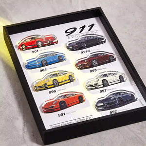 Porsche 911 Evolution 3D Framed Wall Art Display-overhead angle with side lighting