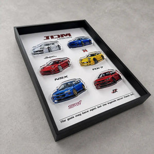 JDM Legends Car Collection 3D Framed Display — full panel view of the Supra, GT-R, NSX, RX-7, STI and Evo IX