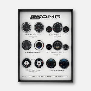 Mercedes-AMG Black Series Instruments 3D Framed Display — straight-on front view of all six Black Series instrument clusters