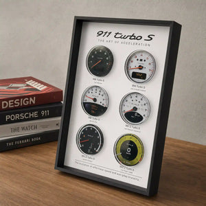 Porsche 911 Turbo S Tachometer Evolution 3D Framed Display — angled desk view showing the aluminium frame and acrylic glazing