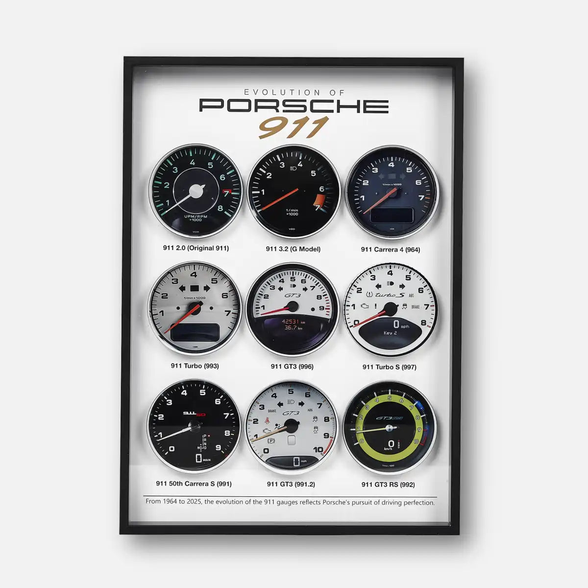 Porsche 911 Tachometer Evolution 3D Framed Display - Nine Gauges Six Decades Wall Art