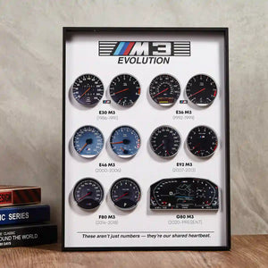 BMW M3 Dashboard Evolution 3D Framed Display - Close-up of 3D Acrylic Dashboards