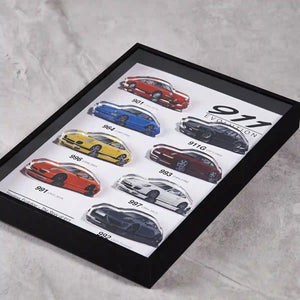 Porsche 911 Evolution 3D Framed Wall Art Display-flat lay on concrete
