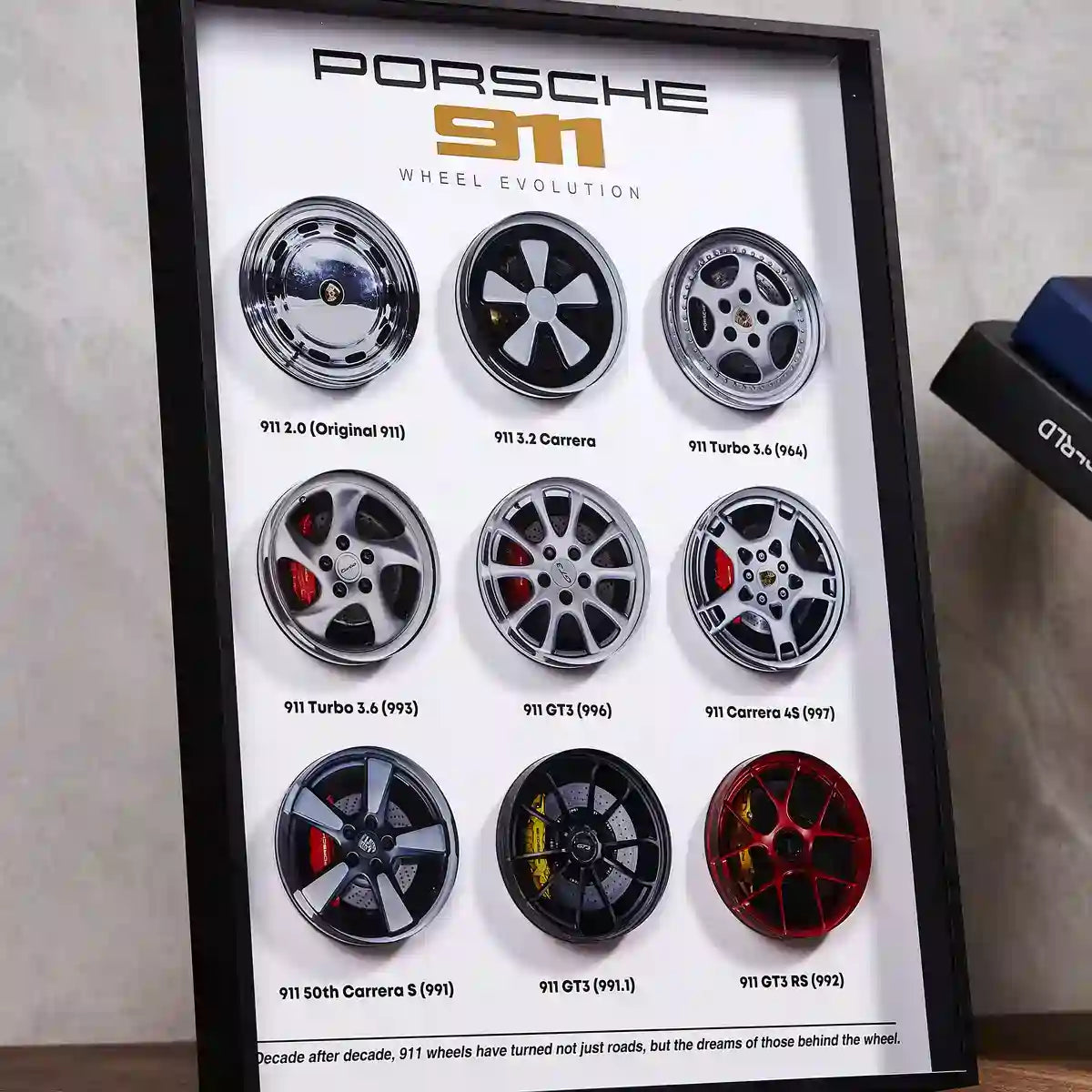 Porsche 911 Wheel Evolution 3D Framed Display - Frame and Mounting Detail