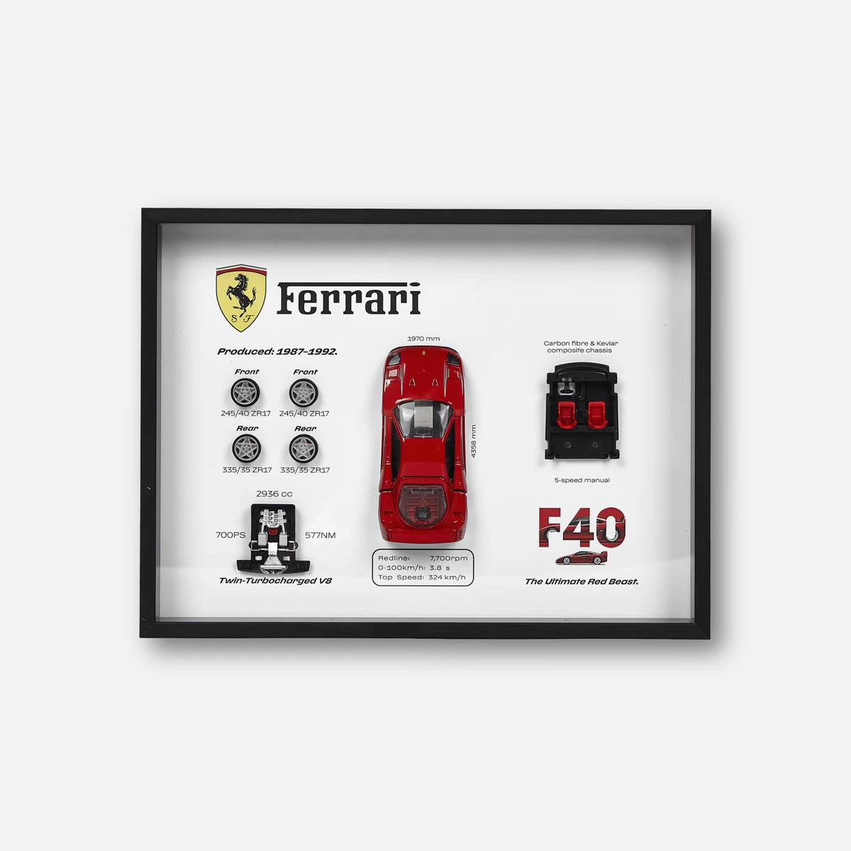 Ferrari F40 Deconstructed Frame 3D Wall Art - Twin-Turbo Legend Exploded View