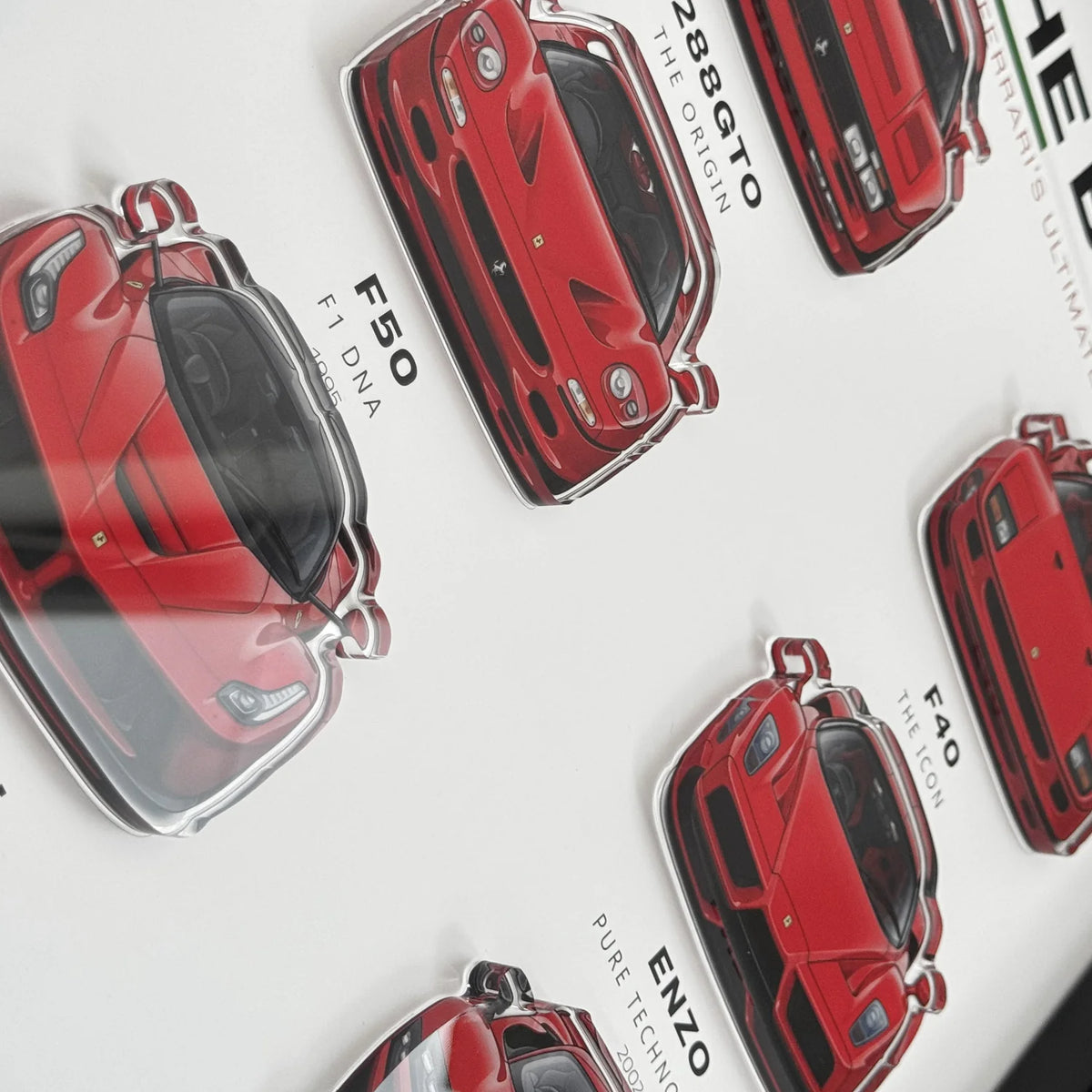 Ferrari The Big Six 3D Framed Display — macro detail of the raised 288 GTO, F40, F50 and Enzo cutouts under glazing
