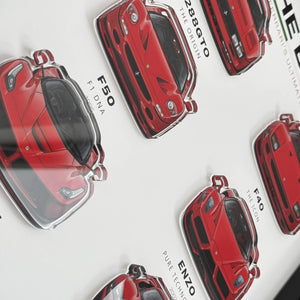 Ferrari The Big Six 3D Framed Display — macro detail of the raised 288 GTO, F40, F50 and Enzo cutouts under glazing