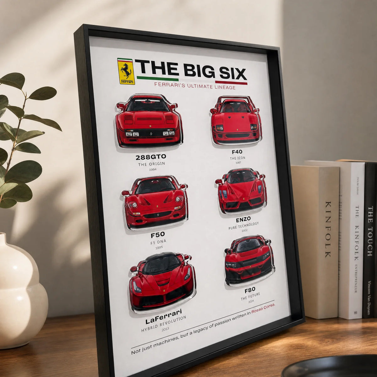 Ferrari The Big Six 3D Framed Display — on a wood shelf beside books and eucalyptus in warm daylight