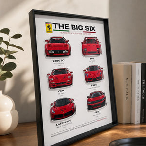 Ferrari The Big Six 3D Framed Display — on a wood shelf beside books and eucalyptus in warm daylight