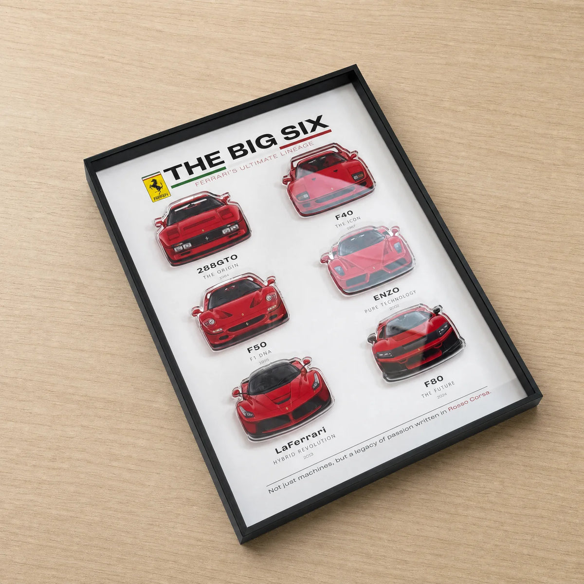Ferrari The Big Six 3D Framed Display — angled on light oak, showing the depth of the shadow box frame