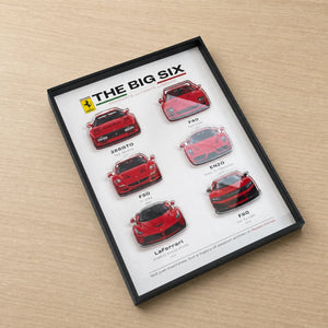 Ferrari The Big Six 3D Framed Display — angled on light oak, showing the depth of the shadow box frame