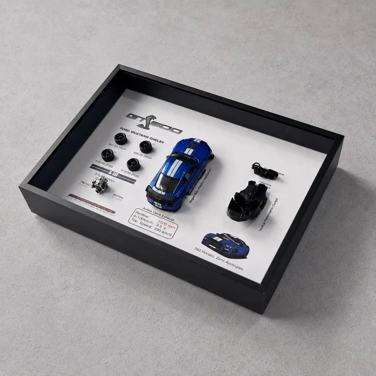 Ford Mustang Shelby GT500 Deconstructed Frame — displayed on concrete, full panel with labelled specifications