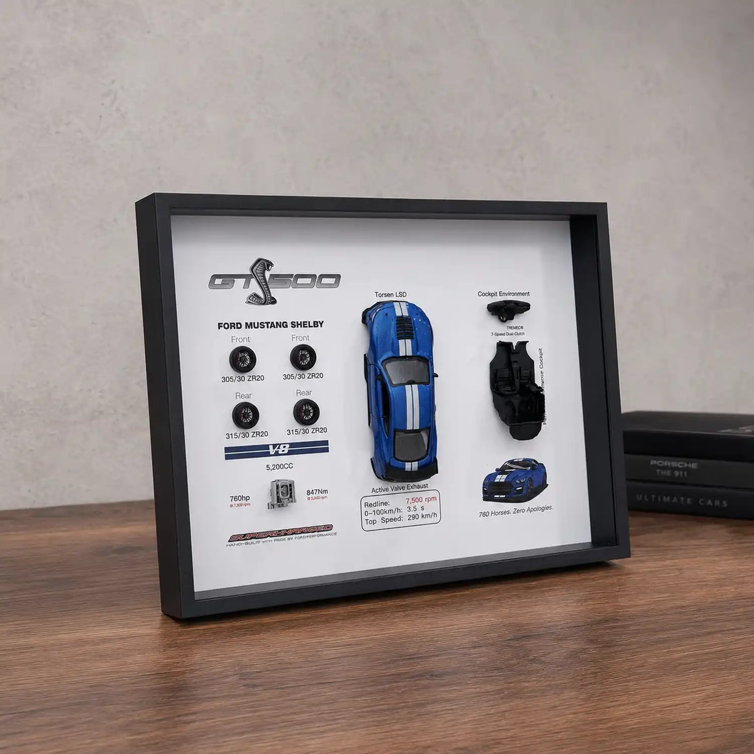 Ford Mustang Shelby GT500 Deconstructed Frame — front-facing desk scene showing 3D layered components