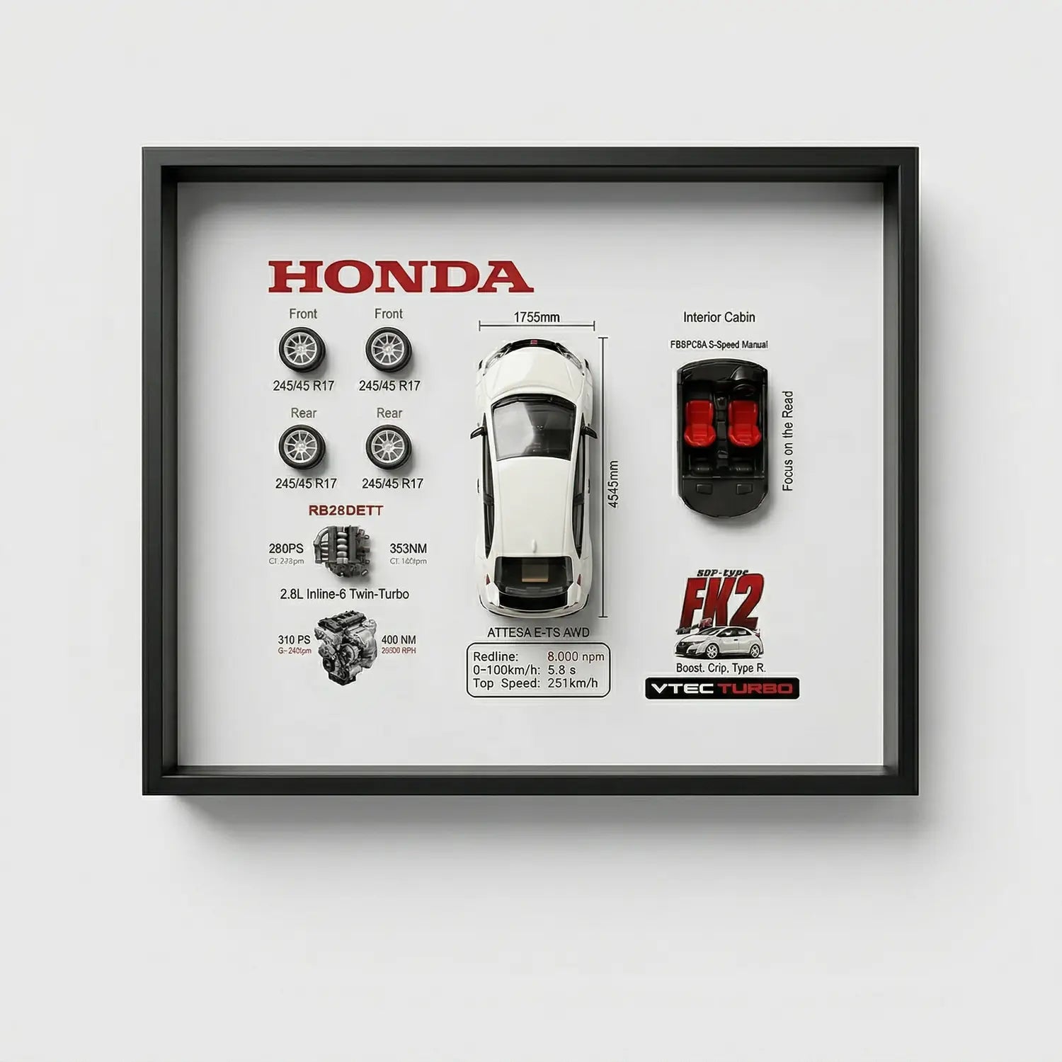 Honda Civic Type R FK2 3D Deconstructed Frame Wall Art - Artovelo