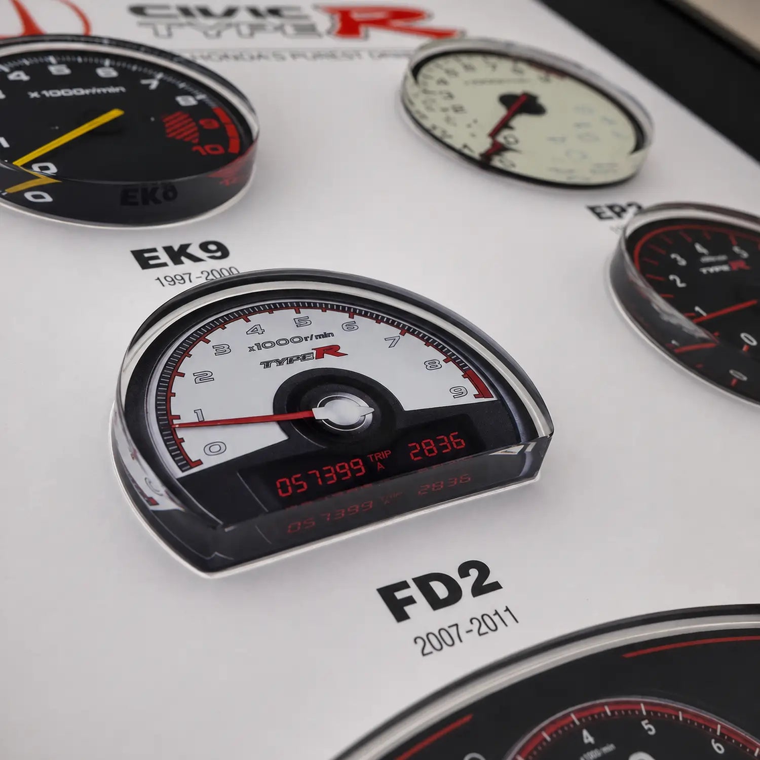 Honda Civic Type R Tachometer Evolution 3D Framed Display — macro detail of a layered acrylic tachometer face and redline markings