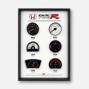 Honda Civic Type R Tachometer Evolution 3D Framed Display — six generations of Type R tachometers in one handcrafted frame
