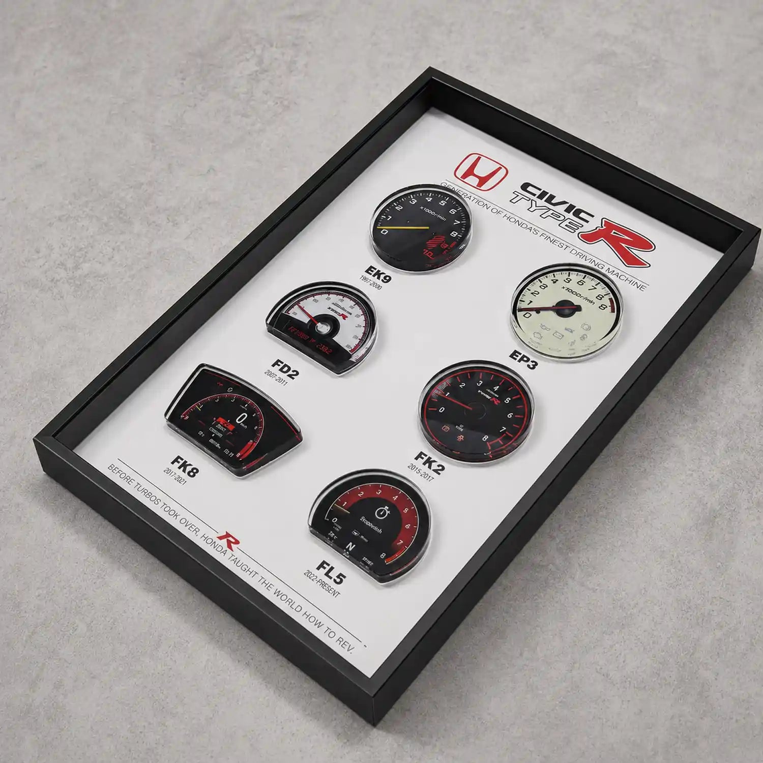 Honda Civic Type R Tachometer Evolution 3D Framed Display — flat lay on concrete showing the EK9, EP3, FD2, FK2, FK8 and FL5 dials