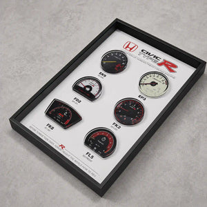 Honda Civic Type R Tachometer Evolution 3D Framed Display — flat lay on concrete showing the EK9, EP3, FD2, FK2, FK8 and FL5 dials
