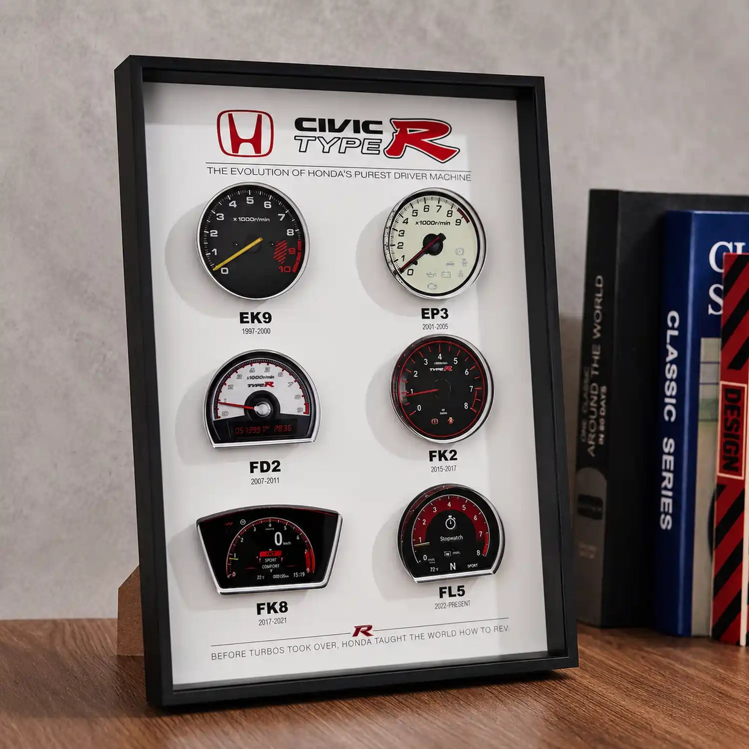 Honda Civic Type R Tachometer Evolution 3D Framed Display — three-quarter view on a desk showing 3D layered depth