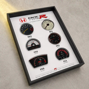 Honda Civic Type R Tachometer Evolution 3D Framed Display — overhead view under warm side lighting, showing layer shadows
