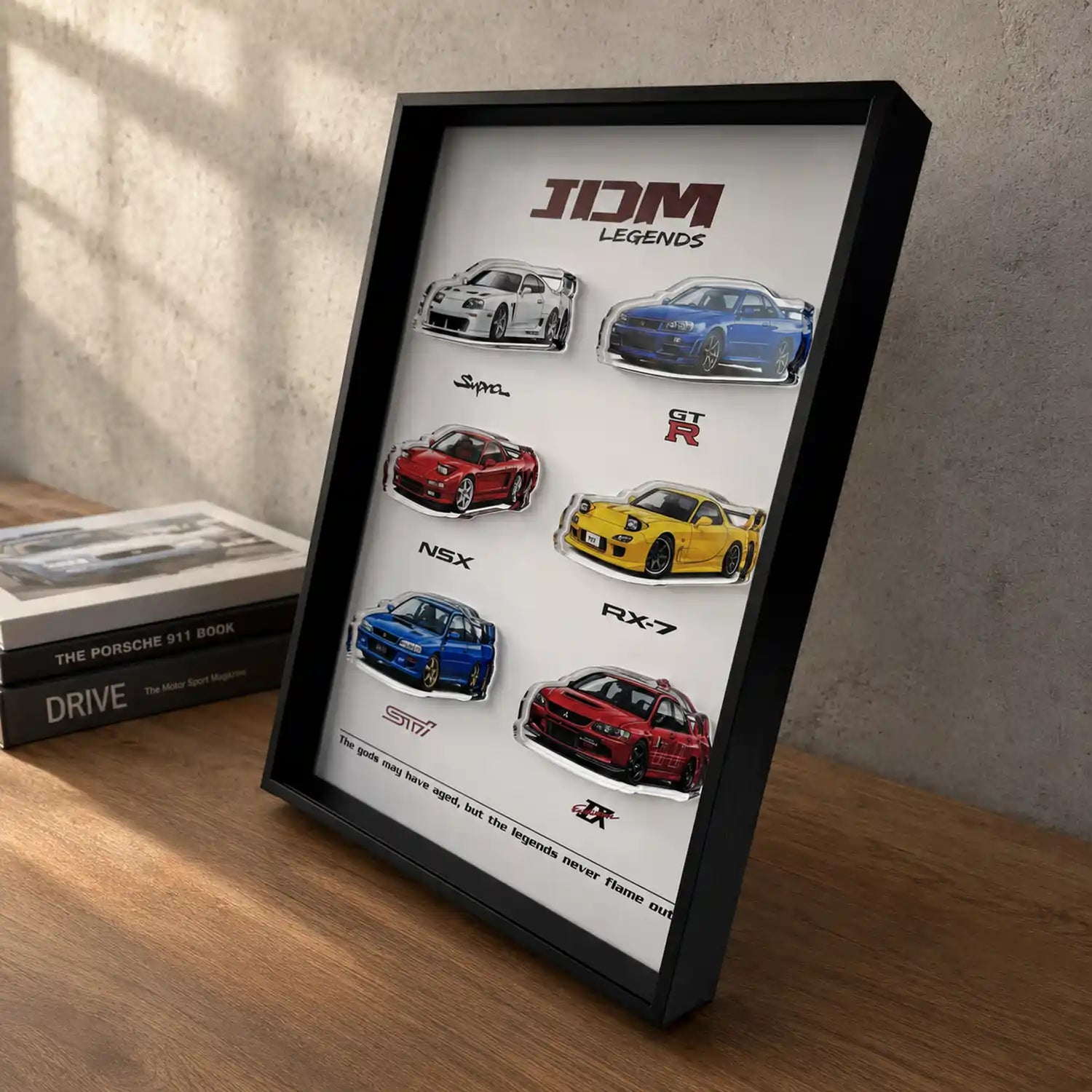 JDM Legends Car Collection 3D Framed Display — angled desk view showing frame depth and shadow