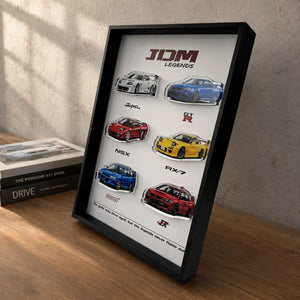 JDM Legends Car Collection 3D Framed Display — angled desk view showing frame depth and shadow
