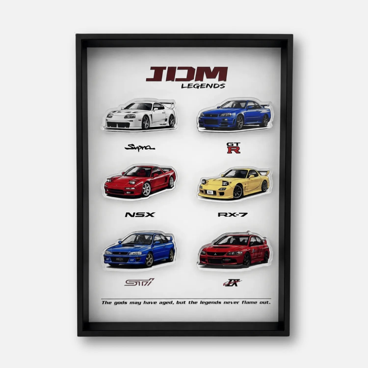 JDM Legends Car Collection 3D Framed Display — straight-on view of all six JDM icons in one frame