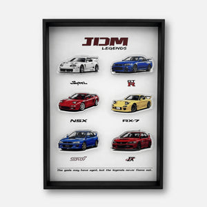JDM Legends Car Collection 3D Framed Display — straight-on view of all six JDM icons in one frame