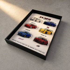 JDM Legends Car Collection 3D Framed Display — warm directional lighting across the six-car display