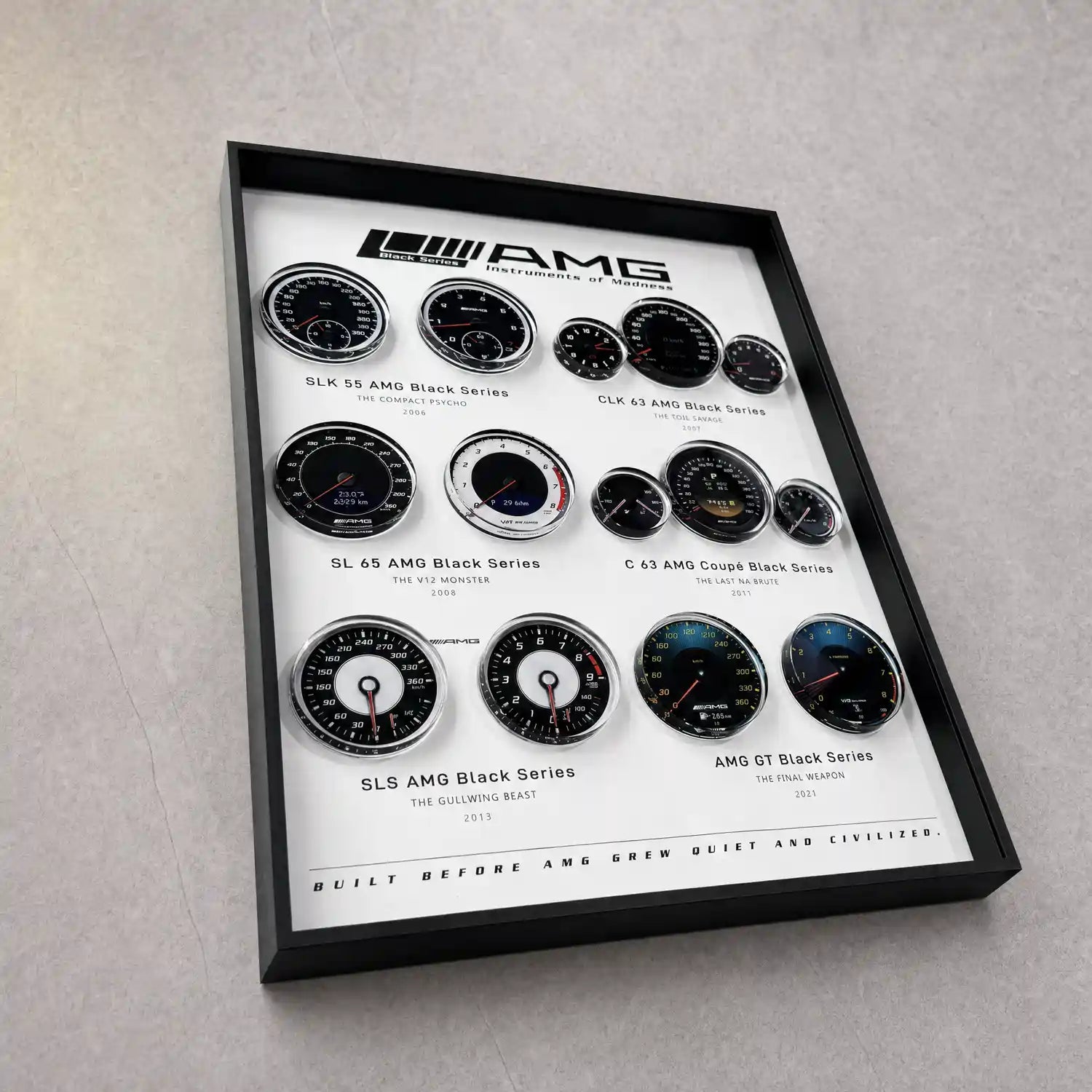 Mercedes-AMG Black Series Instruments 3D Framed Display — laid on grey concrete at an angle, full panel visible
