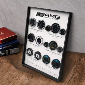 Mercedes-AMG Black Series Instruments 3D Framed Display — angled desk view with books to the left, showing the frame depth
