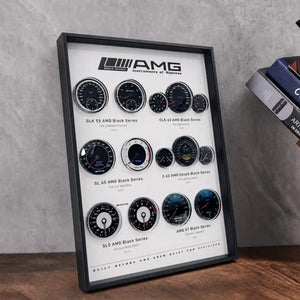 Mercedes-AMG Black Series Instruments 3D Framed Display — standing on a wood desk with books to the right, near front-on view