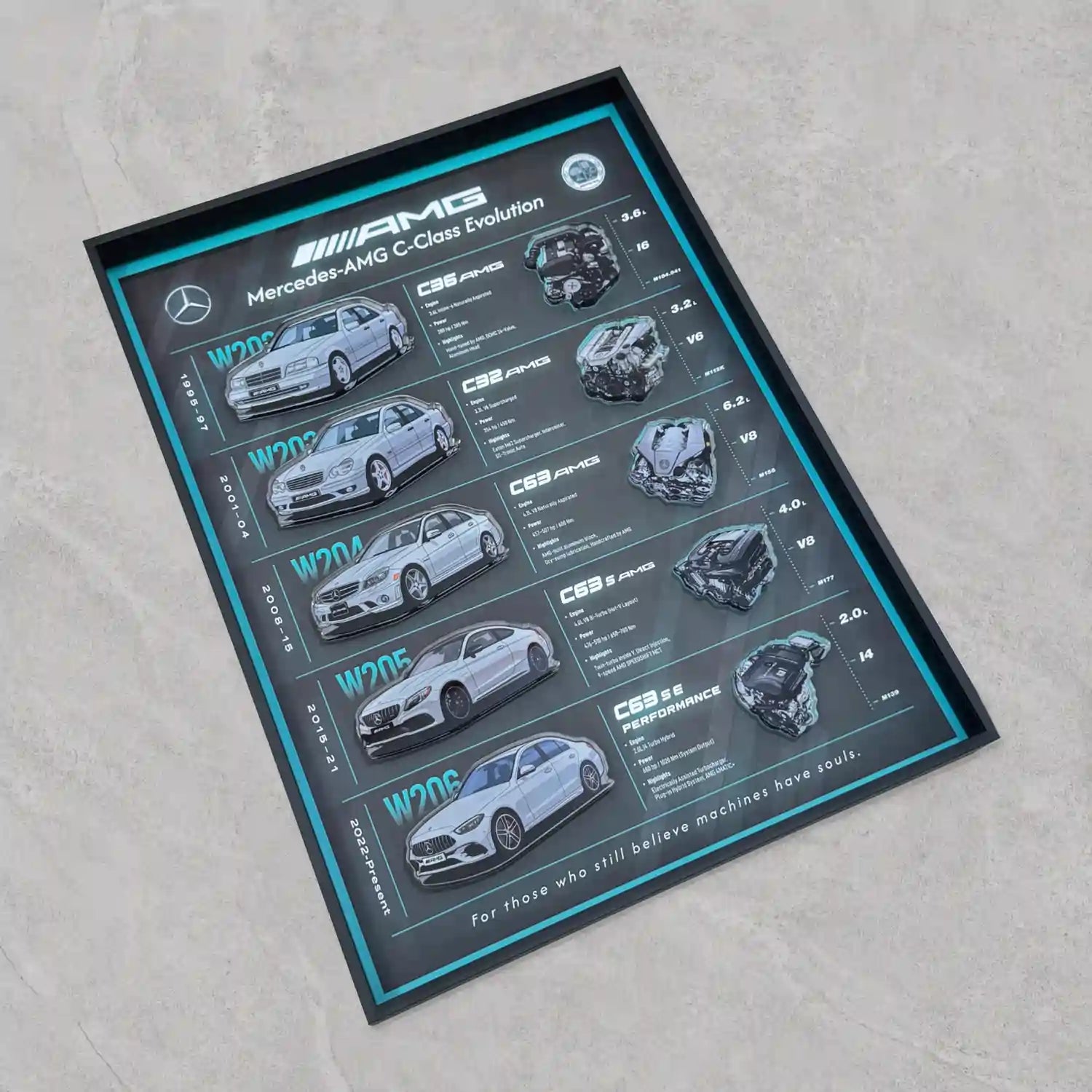 Mercedes-AMG C-Class Evolution 3D Framed Display — top-down view of the full evolution panel