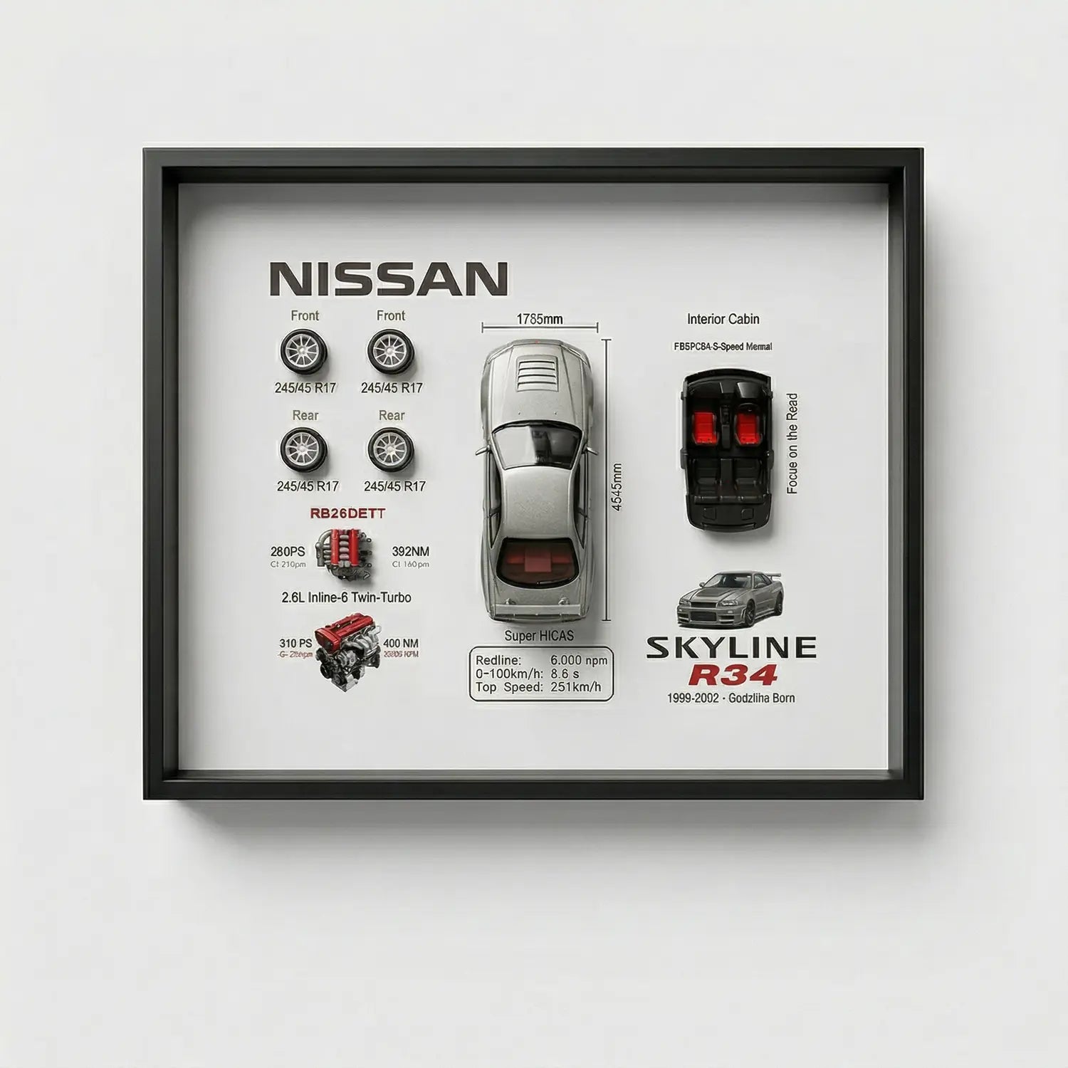 Nissan Skyline GT-R R34 3D Deconstructed Frame Wall Art - Artovelo