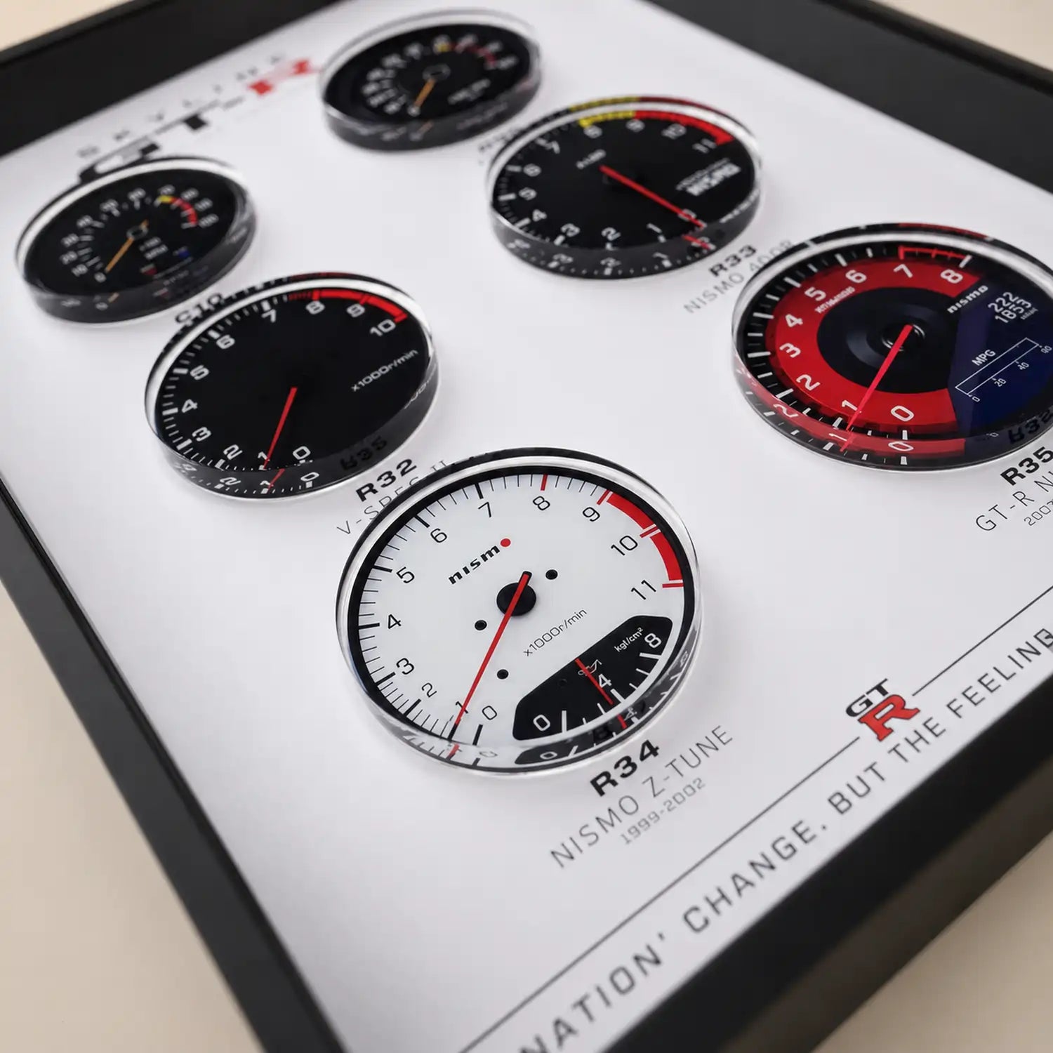 Nissan Skyline GT-R Tachometer Evolution 3D Framed Display — macro detail of a layered acrylic gauge face and redline markings