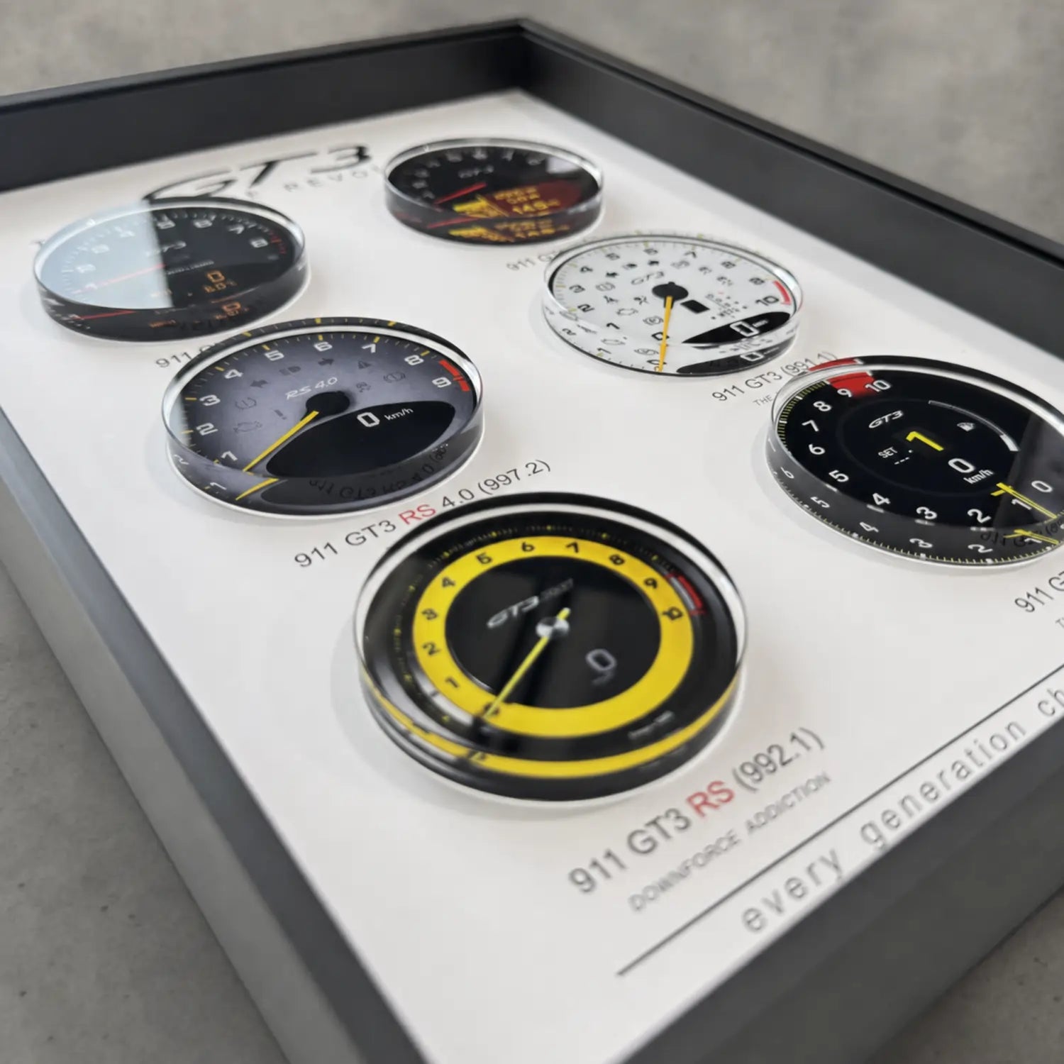 Porsche 911 GT3 Tachometer Evolution 3D Framed Display — macro detail of a layered acrylic gauge face and redline markings