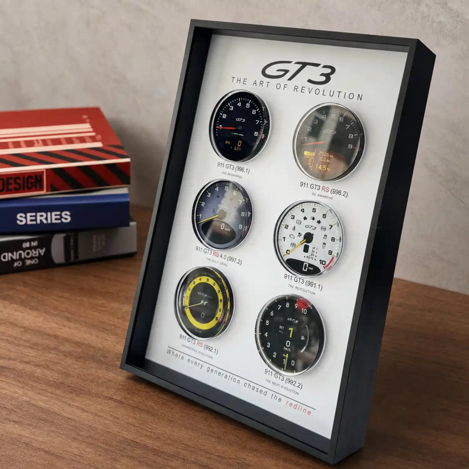 Porsche 911 GT3 Tachometer Evolution 3D Framed Display — angled desk view showing the aluminium frame and acrylic glazing