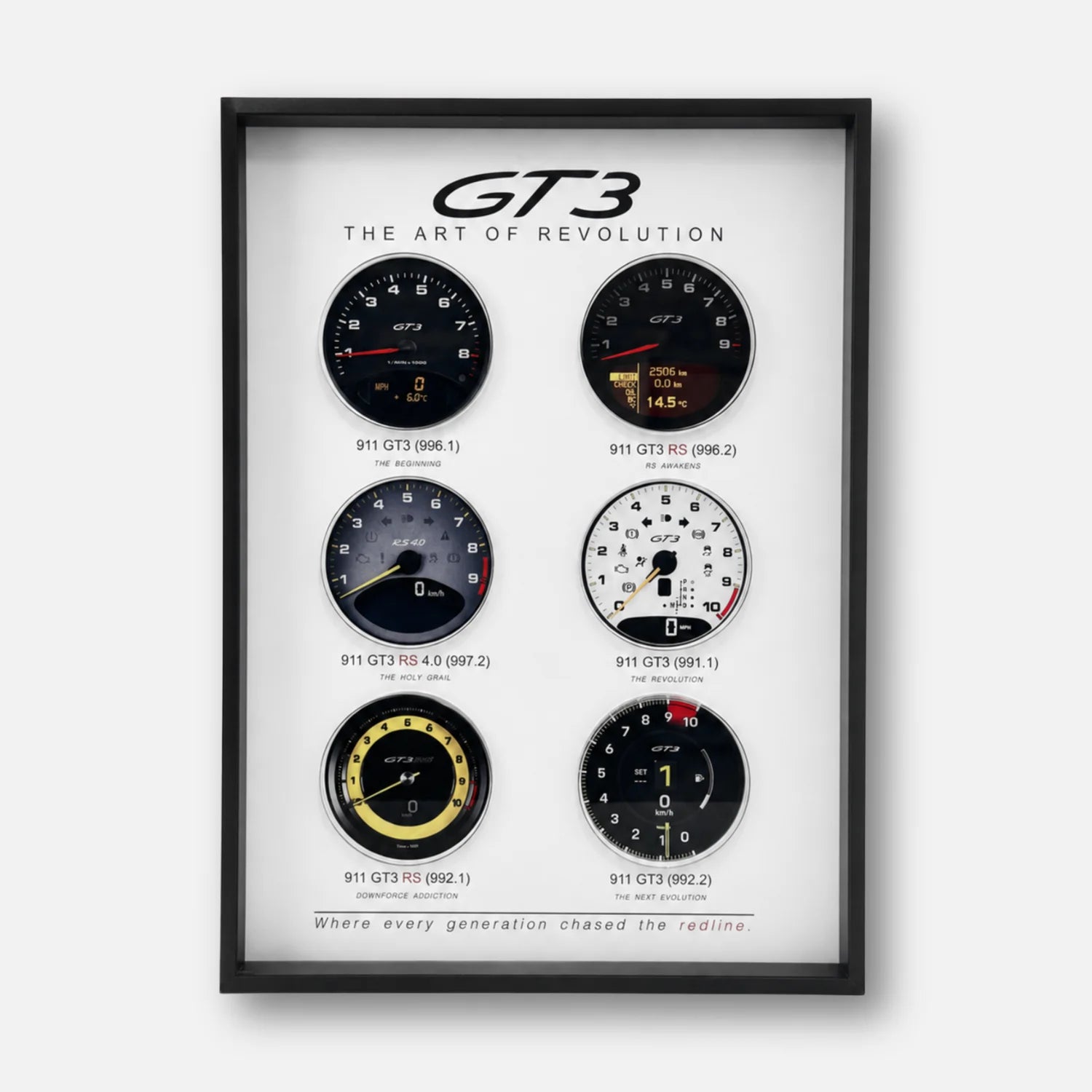 Porsche 911 GT3 Tachometer Evolution 3D Framed Display — straight-on front view of the complete six-dial display