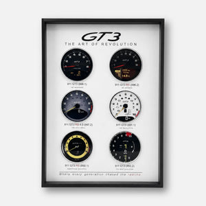 Porsche 911 GT3 Tachometer Evolution 3D Framed Display — straight-on front view of the complete six-dial display