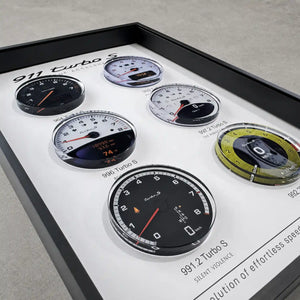 Porsche 911 Turbo S Tachometer Evolution 3D Framed Display — macro detail of a layered acrylic gauge face and redline markings