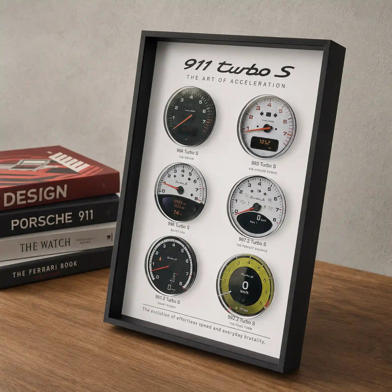 Porsche 911 Turbo S Tachometer Evolution 3D Framed Display — angled desk view showing the aluminium frame and acrylic glazing