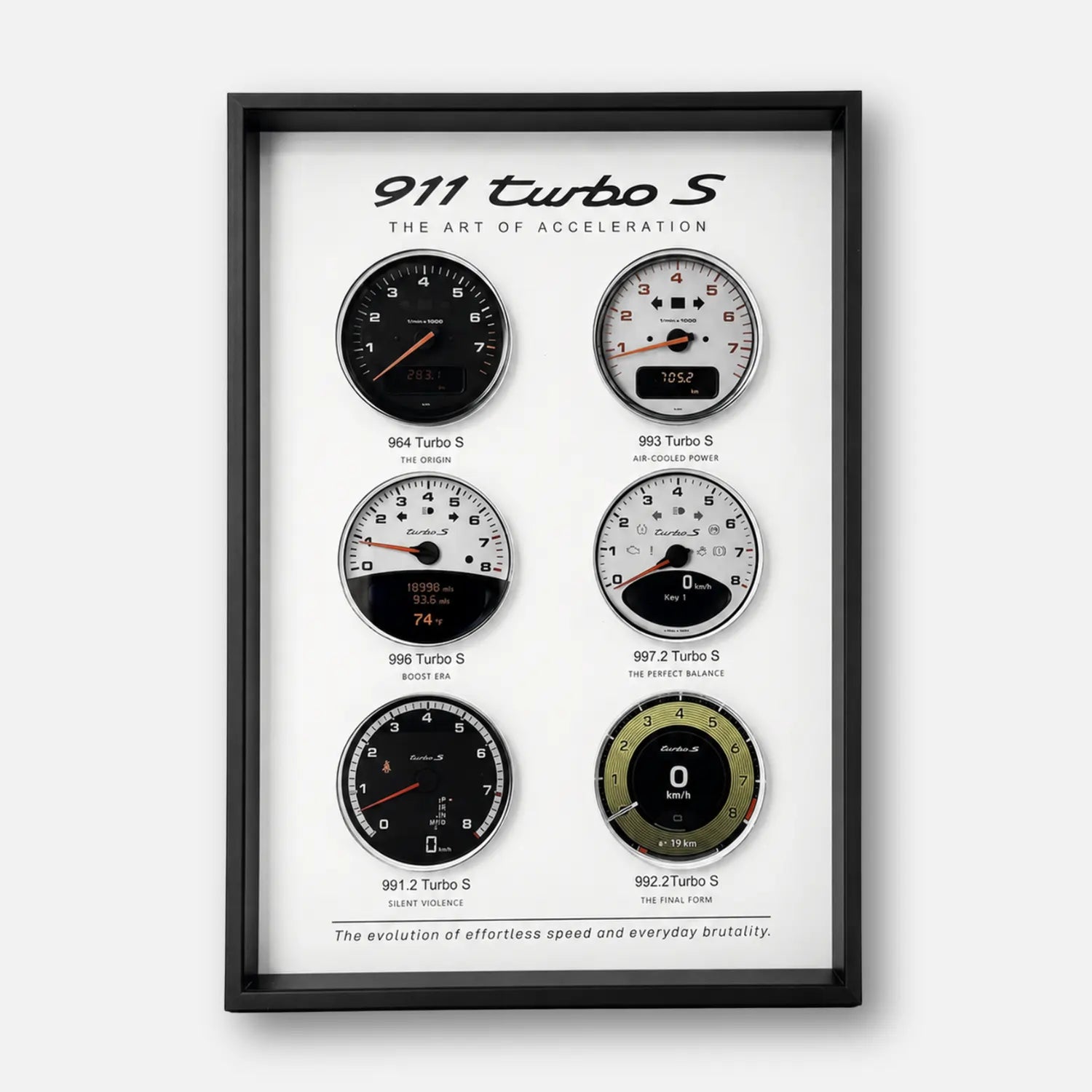 Porsche 911 Turbo S Tachometer Evolution 3D Framed Display — straight-on front view of the complete six-dial display