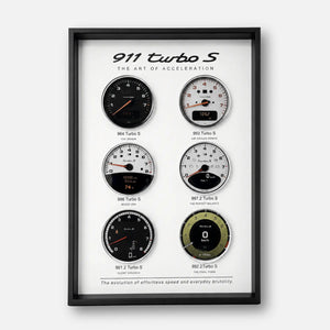 Porsche 911 Turbo S Tachometer Evolution 3D Framed Display — straight-on front view of the complete six-dial display