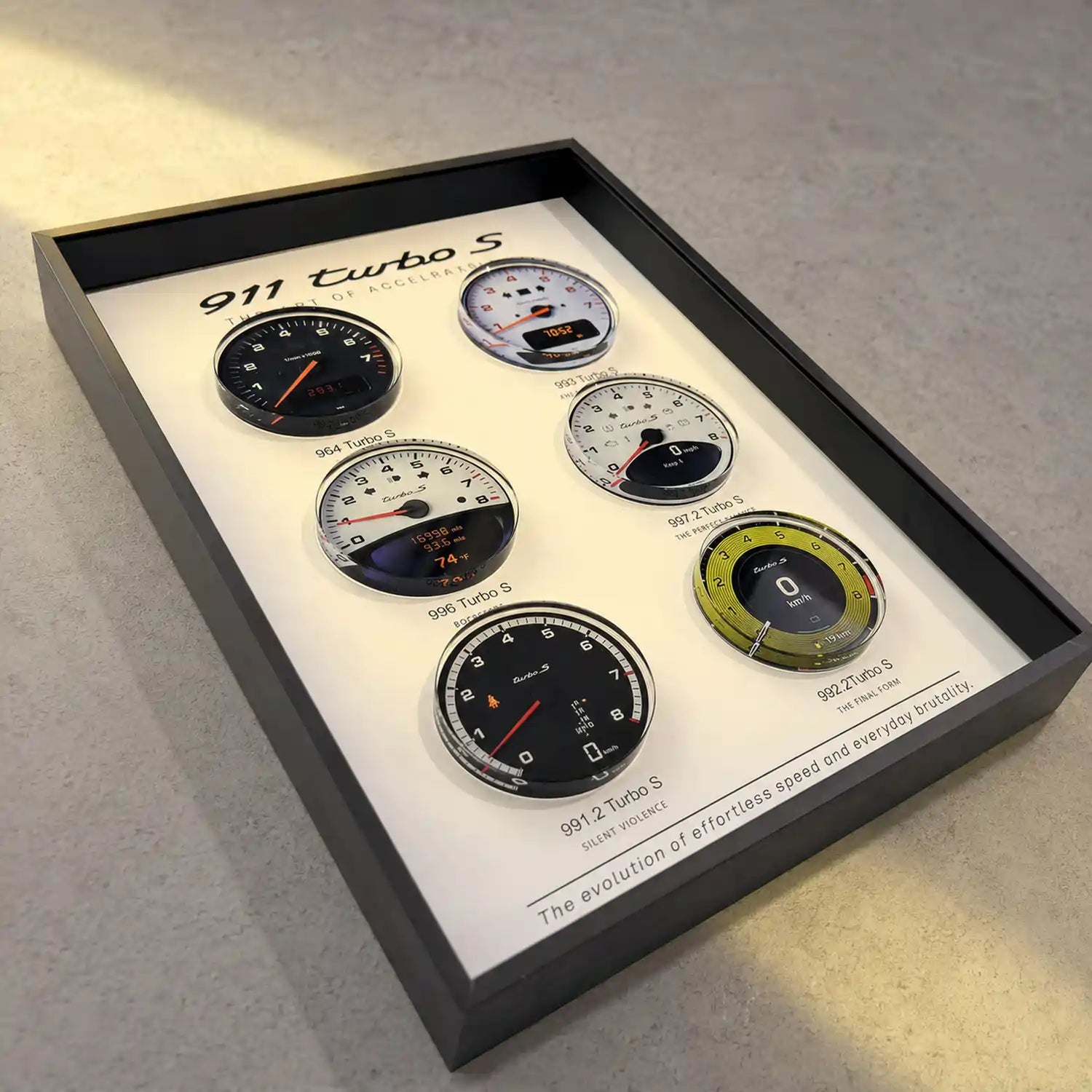 Porsche 911 Turbo S Tachometer Evolution 3D Framed Display — warm directional lighting revealing the depth between layers