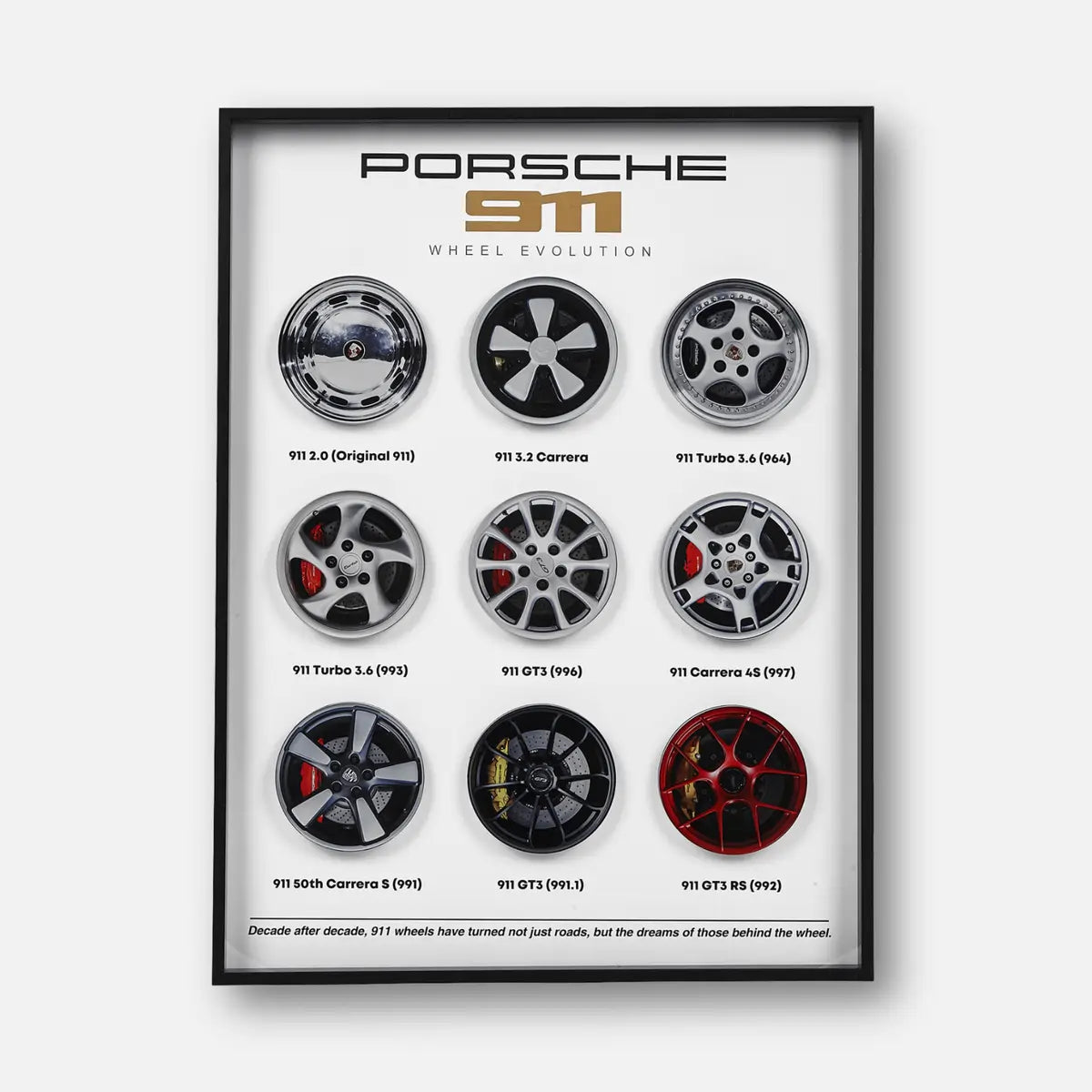 Porsche 911 Wheel Evolution 3D Framed Display - Nine Wheels Six Decades Wall Art